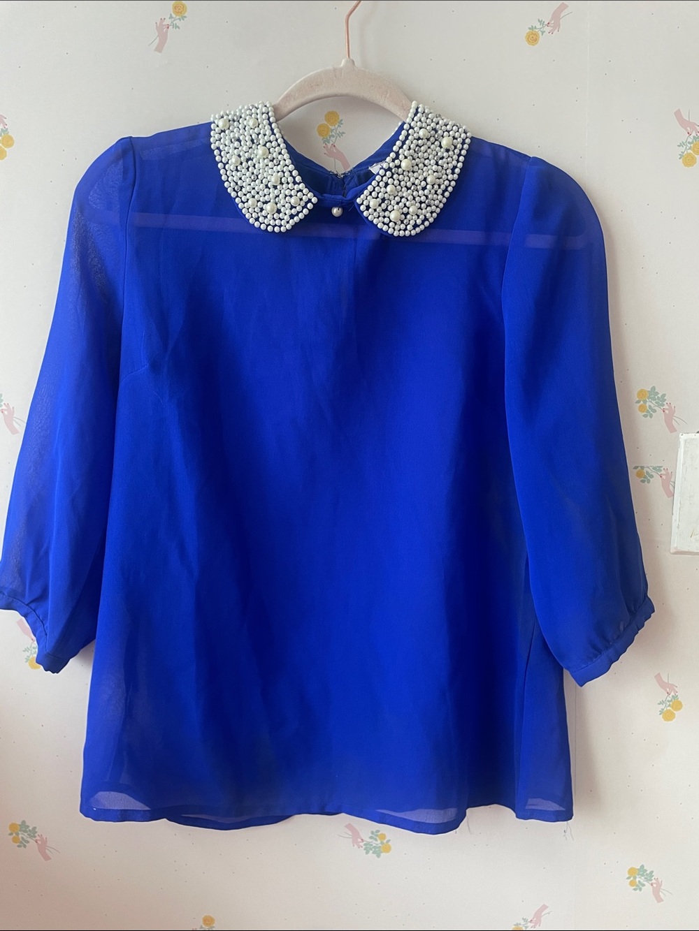 Pearl-Collar Sheer Blouse in Royal Blue